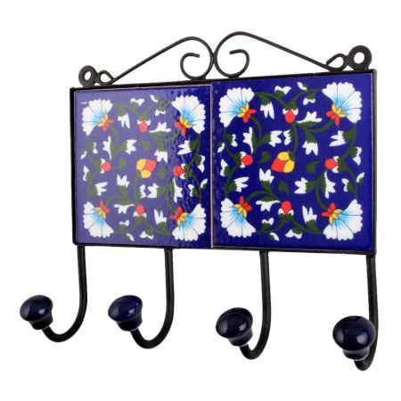 Navy Blue White Floral Tiles Hooks